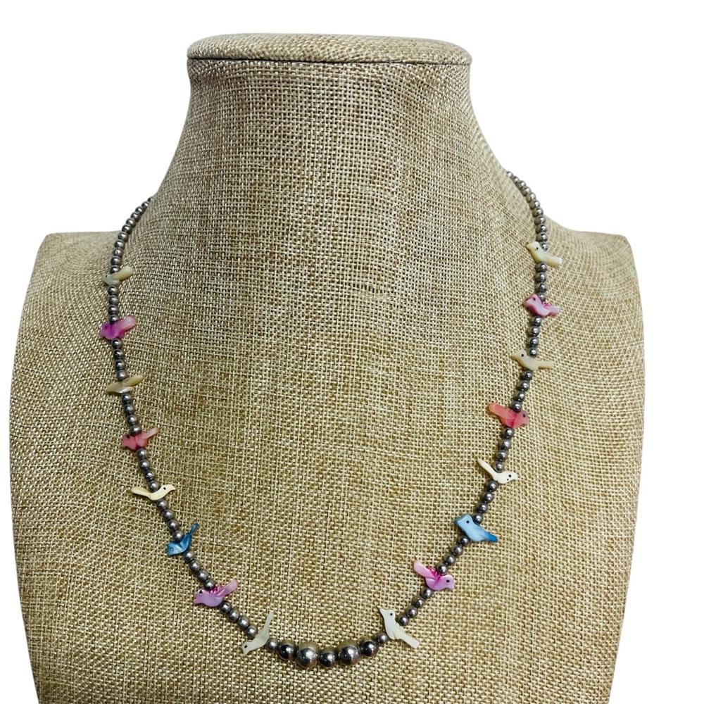 Southwest Style Necklace Single Strand MOP Bird Fetish Beads & Shell Heishi